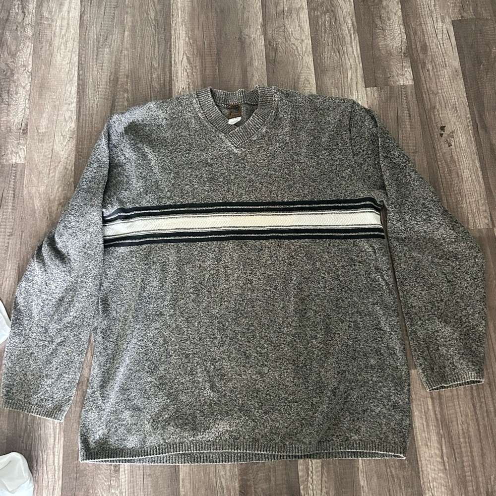 Tundra Gray V-Neck Sweater with Stripes